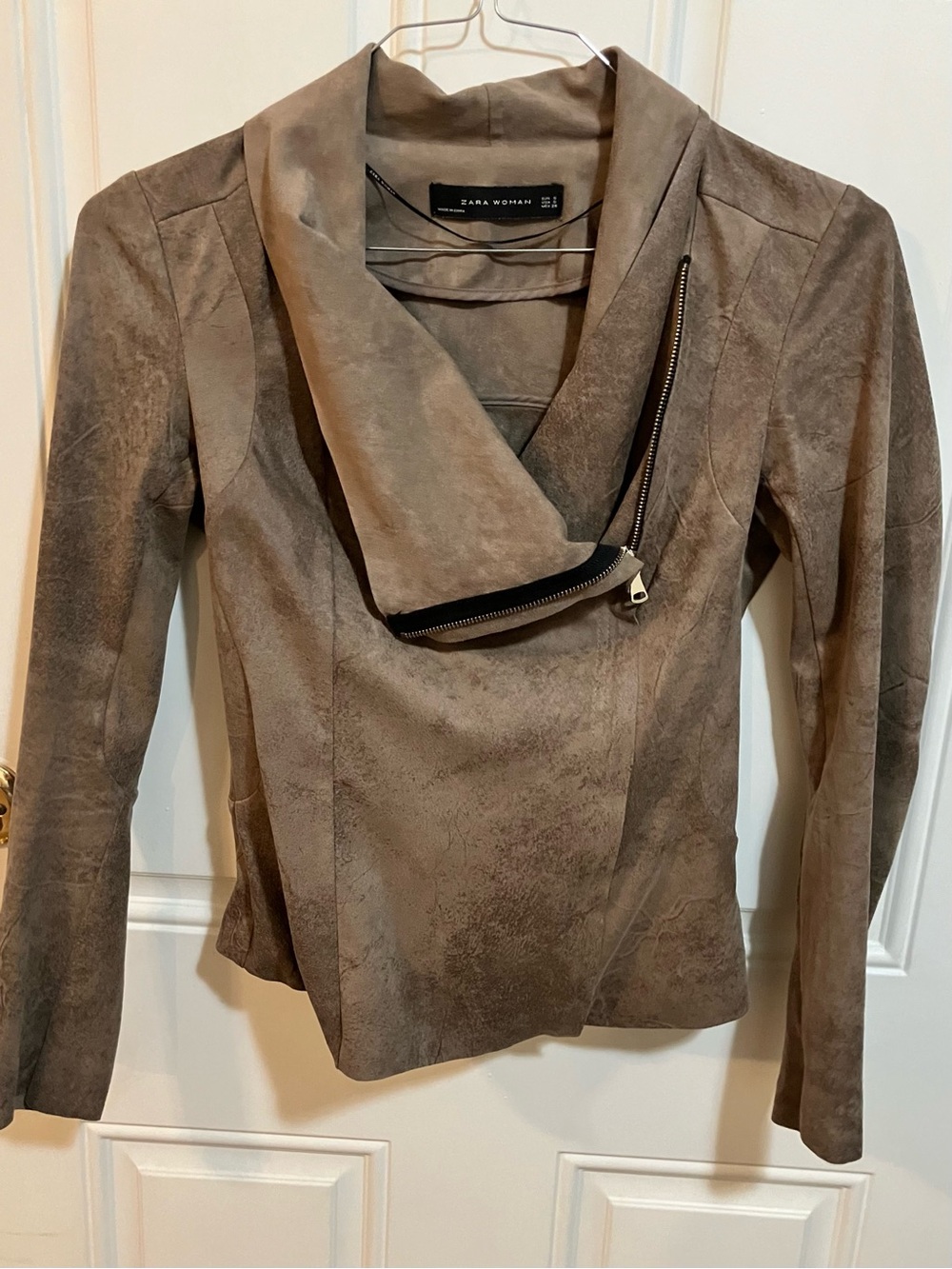 Zara Woman Faux Suede Asymmetrical Moto Jacket Taupe Gray Size Small